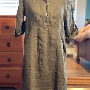 Olive green Elena Baldi Linen Tunic Dress, size Small.